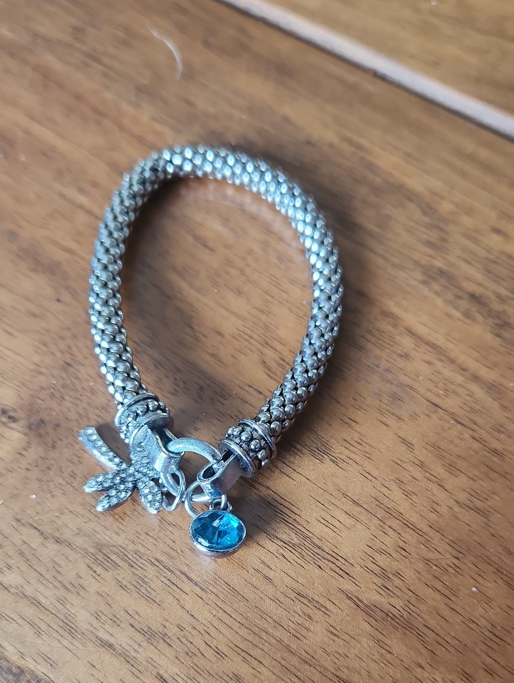 Fashion Jewelry Silver-Tone Braided Bracelet with Blue Crystal Charm